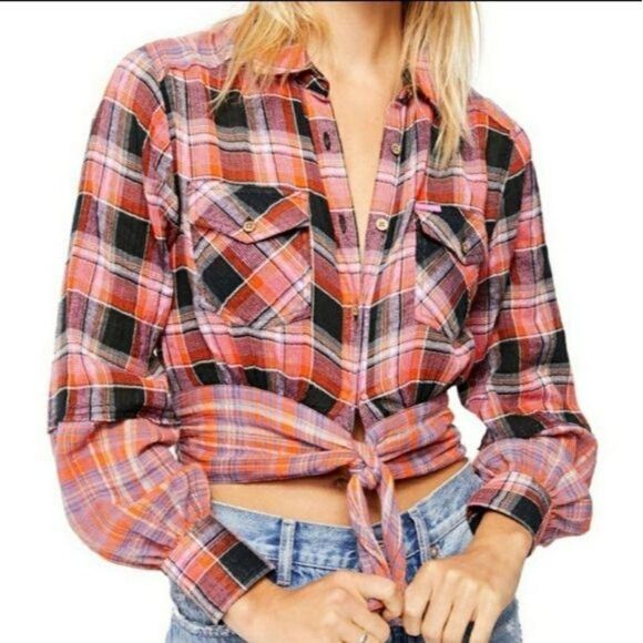 NWT Free People First Bloom Plaid Buttoned Tie Front Blouse Small - Picture 1 of 16